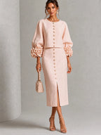 Blush 3D Floral Button Midi Two‑Piece Set