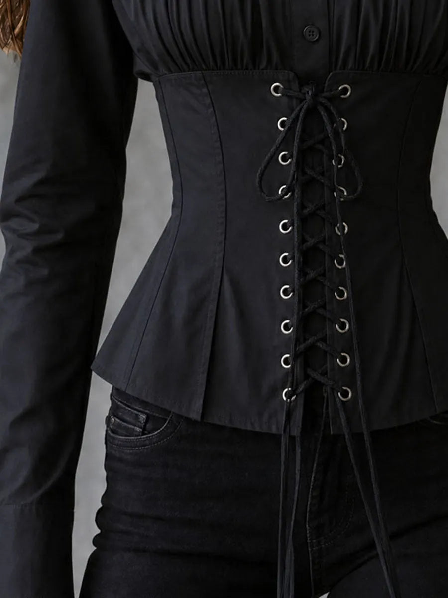 Vintage Black Collar Pleated Front Lace-Up Corset Shirt