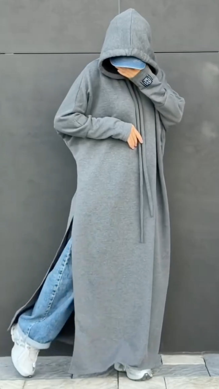 Gray Oversized Hooded Side-Slit Maxi Sweatshirt