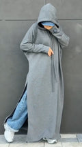 Gray Oversized Hooded Side-Slit Maxi Sweatshirt