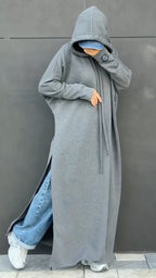 Gray Oversized Hooded Side-Slit Maxi Sweatshirt