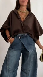 Asymmetrical Wrap Waist Baggy Wide‑Leg J+ Top Seteans
