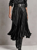 Quiet Luxury Black Satin Shirt Faux Leather Panel Pleated Midi Skirt Set