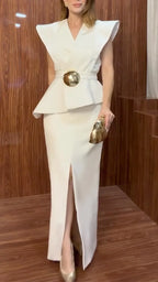 Ivory Sculpted-Shoulder Peplum Top & Slit Maxi Skirt Set