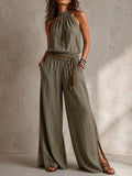 Boho Olive Stripe Halter Smocked Waist Wide-Leg Jumpsuit