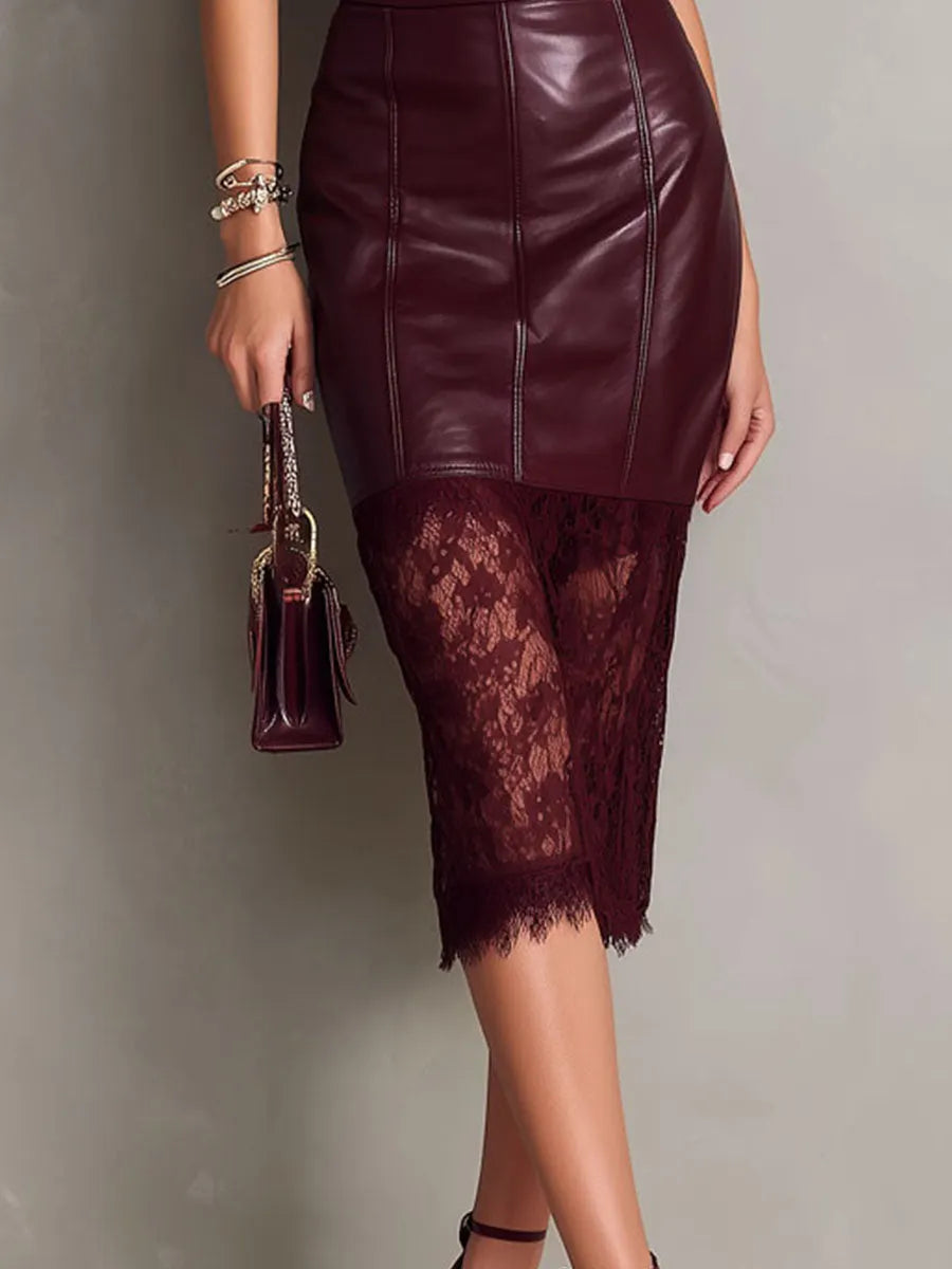Retro Elegant Burgundy Lace And Faux Leather Halter Midi Dress