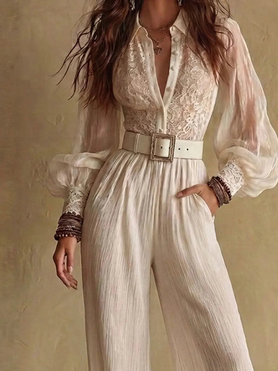 Boho Romantic Cream Lace Patchwork Crinkle Wide Leg Jumpsuit