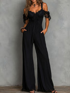 Boho Black Lace Trim Cold-Shoulder Wide-Leg Jumpsuit