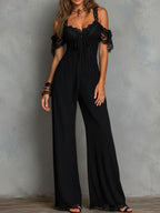 Boho Black Lace Trim Cold-Shoulder Wide-Leg Jumpsuit