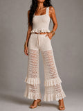 Boho Beige Crochet Ruffled Tank & Flared Pants Two-Piece Set