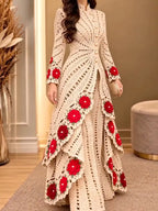Ivory Red-Floral Crochet Longline Top & Wide-Leg Pants Set