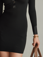 Elegant Black Floral Embroidered Polo Knit Mini Dress