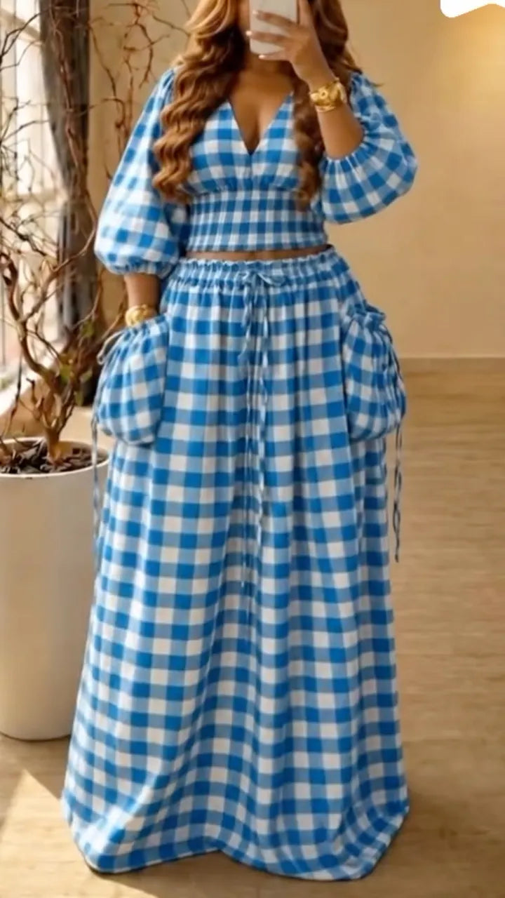 Black-and-White Plaid Puff-Sleeve Crop Top & Wide-Leg Pants Set