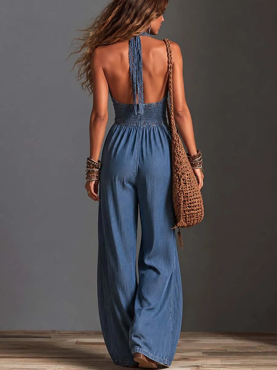 Boho Chambray Denim Halter Lace-Trim Deep V Backless Wide-Leg Jumpsuit