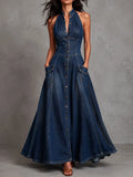 Retro Elegant Dark Denim Halter Neck Pocket A Line Maxi Dress