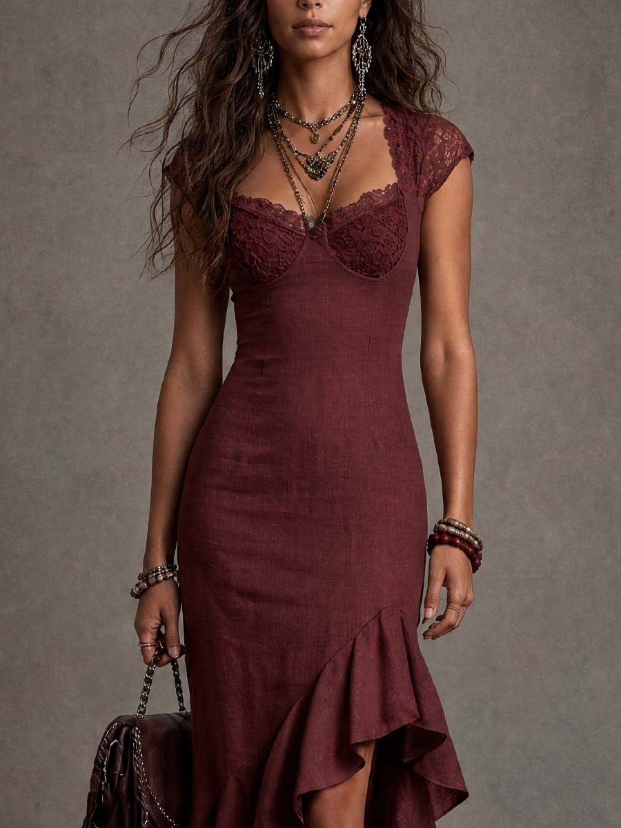 Vintage Cap Sleeves Cotton-linen Midi Dress