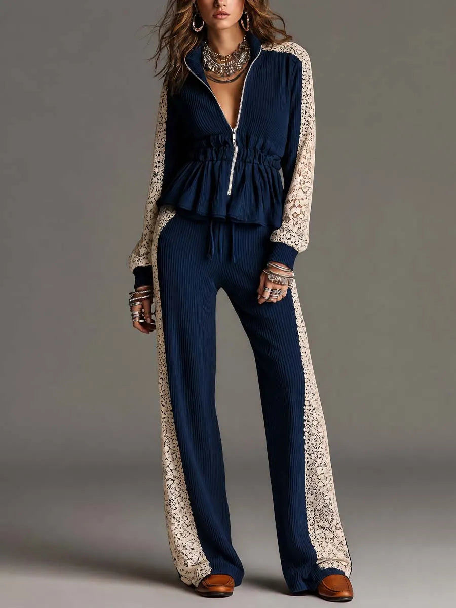 Elegant Navy Vertical Ribbed Knit Two Piece Outfit Zip Front Peplum Top Off White Floral Lace Panel Wide Leg Pants