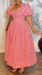 Red-and-White Stripe Puff-Sleeve A-Line Maxi Dress