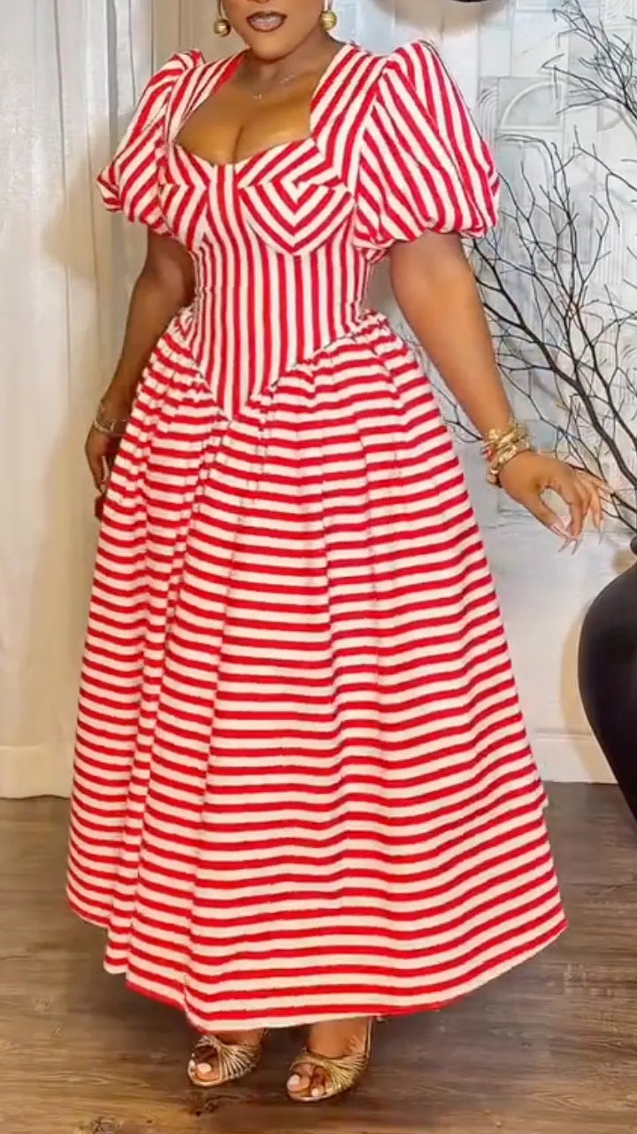 Red-and-White Stripe Puff-Sleeve A-Line Maxi Dress