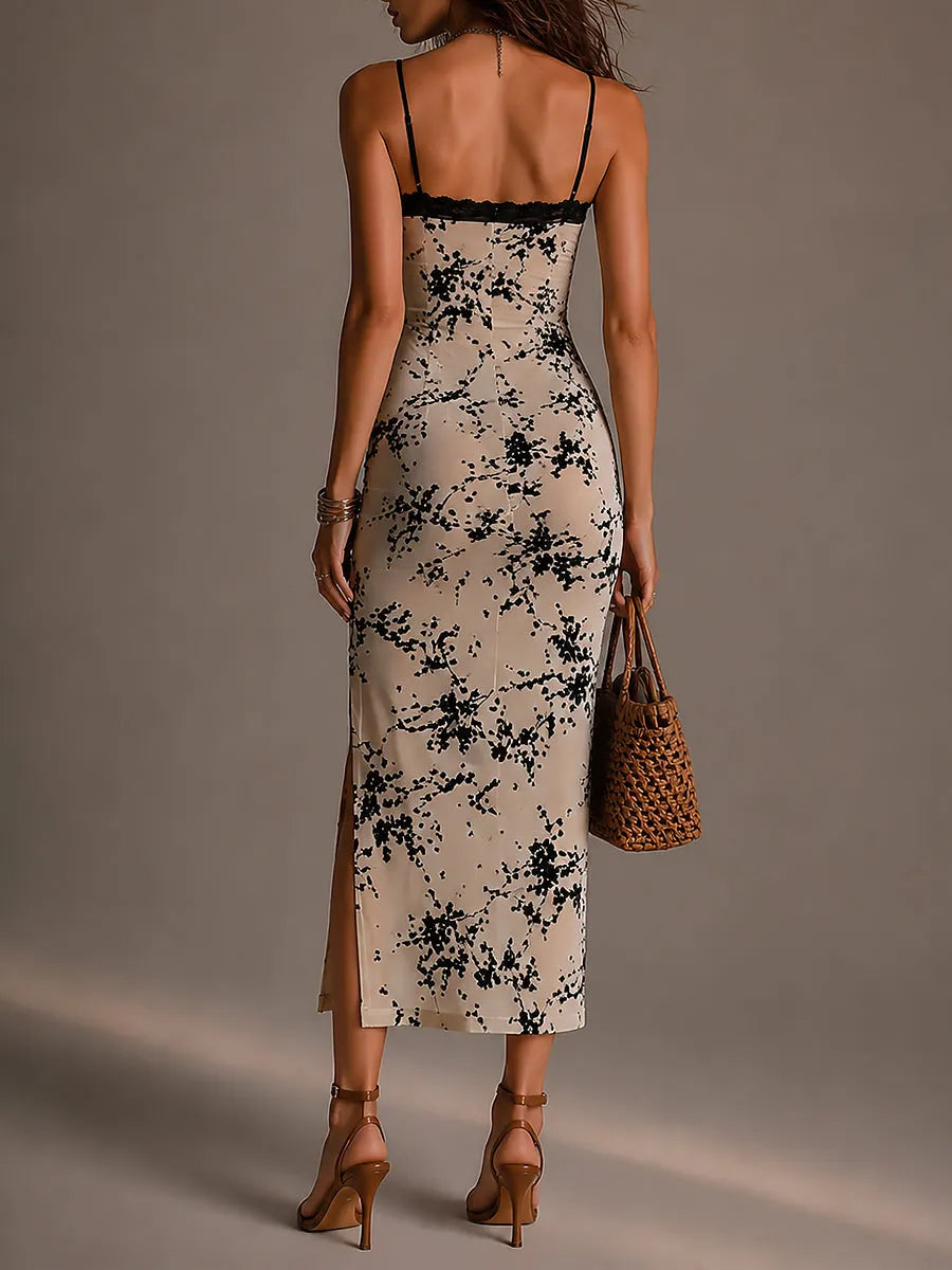 Elegant Lace Trim Printed Midi Dress With High Slit