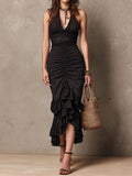 Boho Elegance Black Halter Tiered Ruffle Ruched Bodice Midi Dress