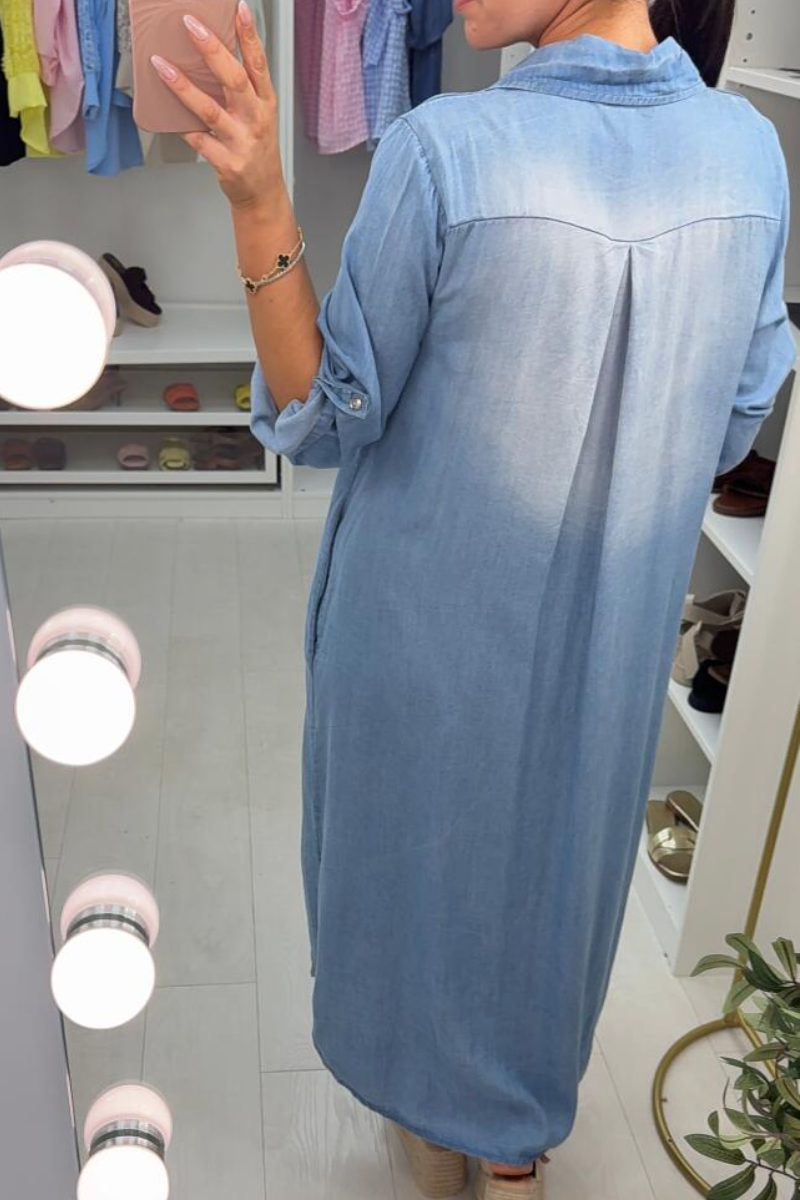 Women Flip Collar Washed Denim Casual Dress