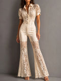 Retro Elegant Cream Lace Puff Sleeves Flare Legs Jumpsuit