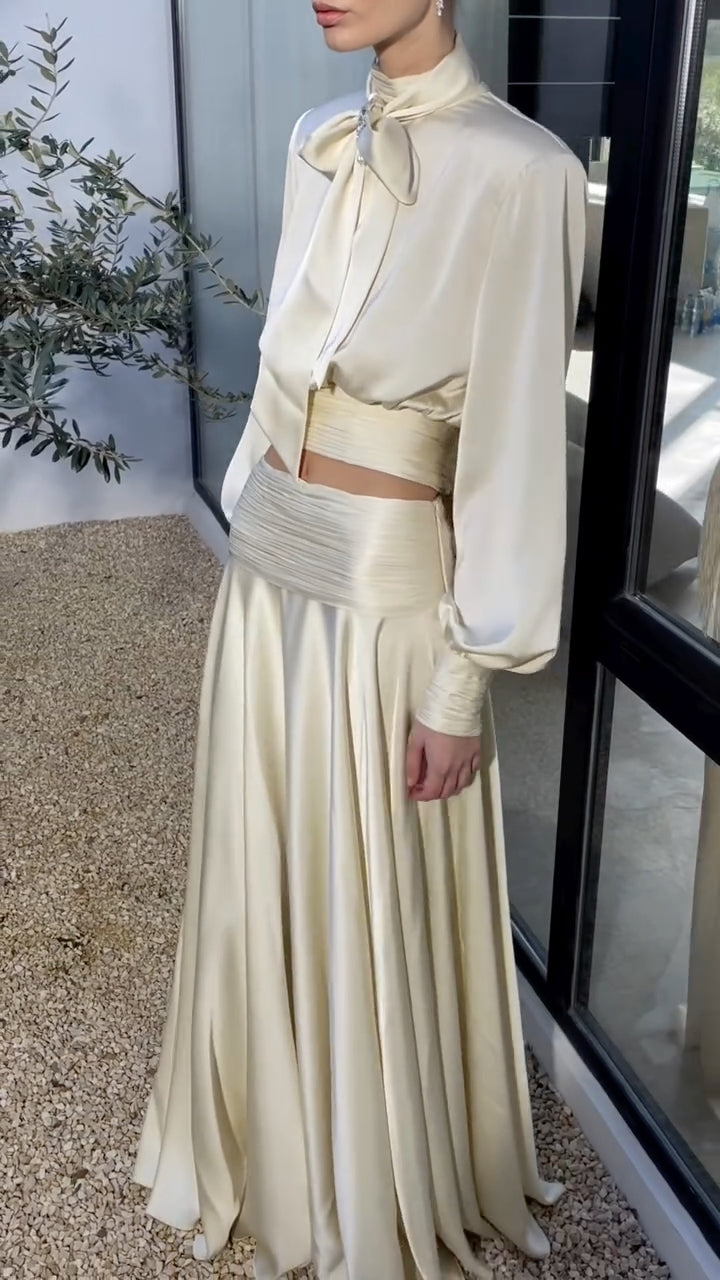 Satin Tie-Neck Blouse & Flowing Maxi Skirt Set