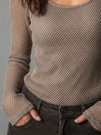 Taupe Mesh Cutout Crew Neck Long Sleeve Top