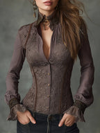 Boho-style Lace Panels Fitted Blouse With Flared Sleeves