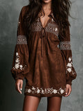 Western Boho White Flower Embroidered Microsuede Mini Dress