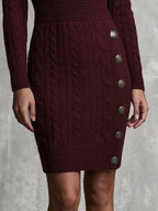 Retro Wrap V Neck De Burgundy Cable Knit Dress With Detachable Turtleneck
