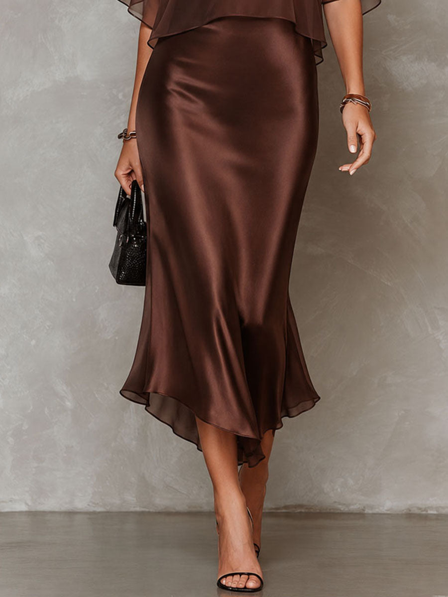 Retro Elegant Chocolate Brown Sheer Chiffon Overlay & Satin Midi Dress Set