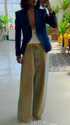 Gold Shimmer High-Waisted Wide-Leg Pants