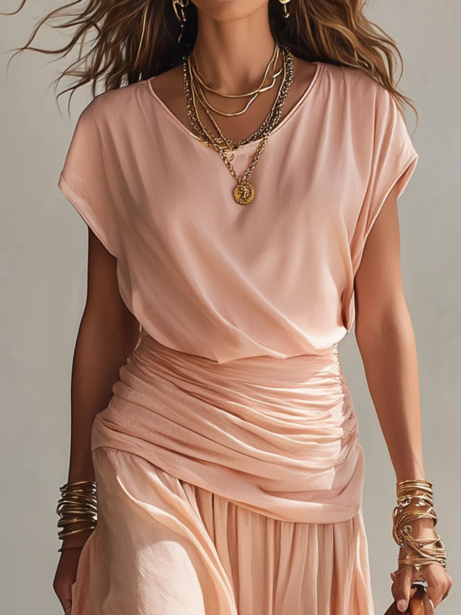 Soft Draped Top & Ruched Midi Skirt Set