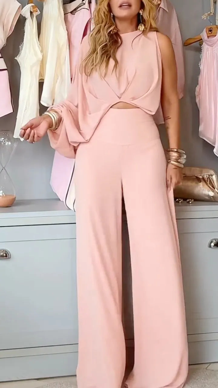 Blush Draped Asymmetric Top & Wide-Leg Pants Set