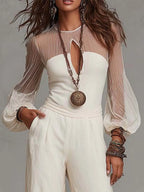 Boho Keyhole Cutout Sheer Puff Long Sleeve Wide Leg Jumpsuit