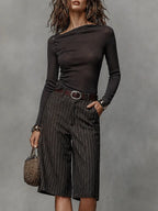 Retro Asymmetric Button-Detail T-Shirt & Striped Bermuda Shorts Set