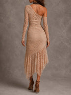 Romantic Bohemian One Shoulder Long Sleeve Lace Ruched High Low Midi Dress