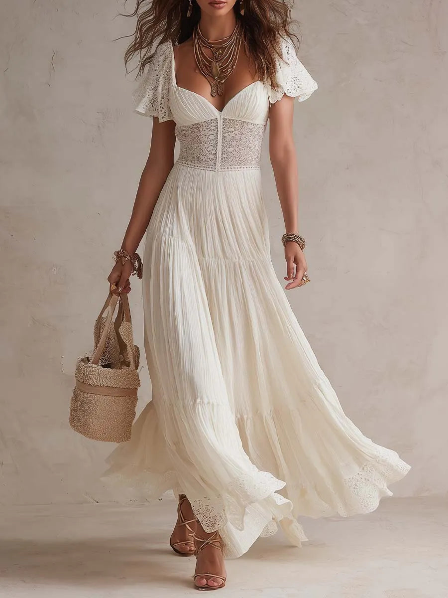 Vintage Elegant Cotton Lace Panel Boho Maxi Dress