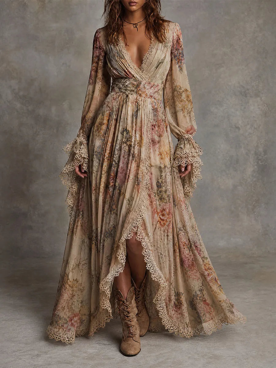Boho Floral Lace Trim Maxi Dress