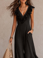 Retro Ruffled-Collar Chiffon Black Jumpsuit
