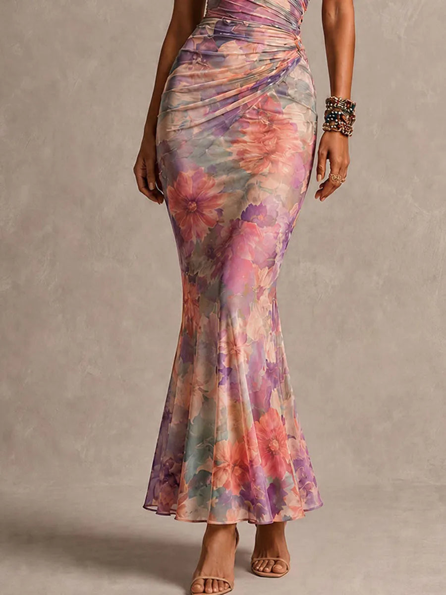 Boho Romantic Floral One-Shoulder Ruched Mermaid Dress