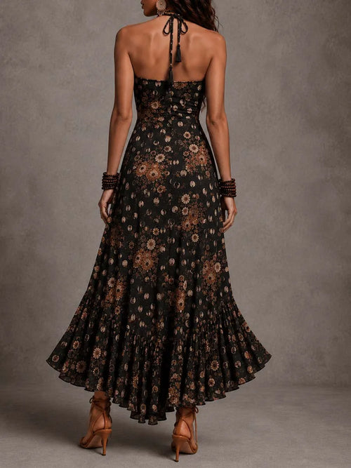 Bohemian Floral Moon Print Halter Cutout Midi Dress