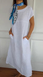 Women's Round Neck Loose Casual Cotton and Linen Dress