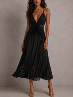 Vintage Spaghetti Straps Lace Panels Midi Dress