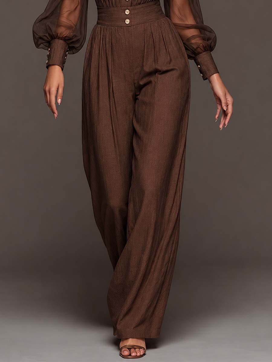 Lapel Collar Sheer Puff Sleeve Ruched Button Front Wide Leg Jumpsuit