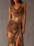 Draped Cowl Neck Vintage Floral Mesh Tie Side High Slit Midi Dress