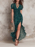 Boho Polka Dot Ruched-Waist Chiffon Midi Dress