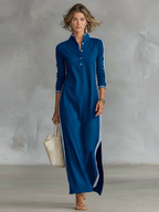 Women's Minimalist White-trimmed Button-down Collar Sweatshirt Maxi Dress